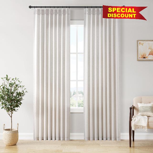 Joywell Pinch Pleat Linen Curtains 84 inch Length 2 Panels Back Tab Semi Sheer Light Filtering Elegant Natural Linen Pleated Drapes with Hooks for Bedroom Living Dining Room Decor 50x84 Beige White