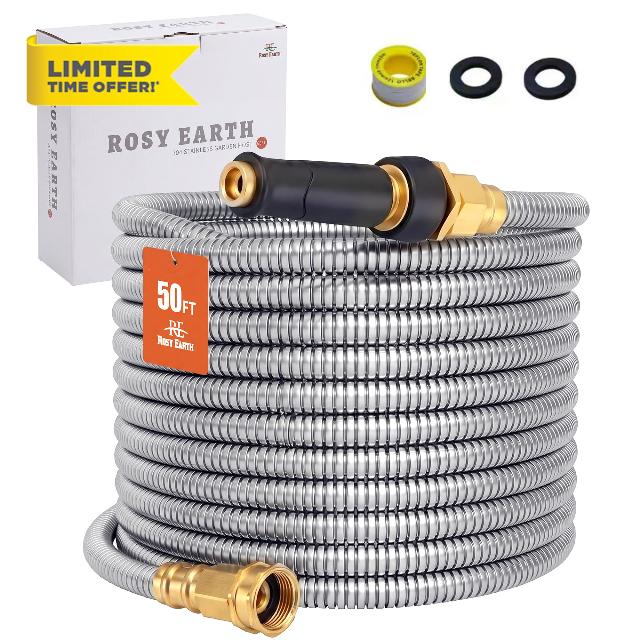 Rosy Earth Expandable Metal Garden Hose 50 FT - 304 Stainless Steel Water Hose 50 FT - Lightweight non Kinking Flexible Garden Hose