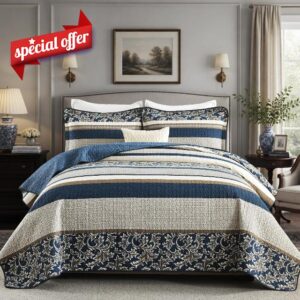 Quilta 100% Cotton Quilt Queen Size - Farmhouse Striped Quilt with Scrollwork Pattern