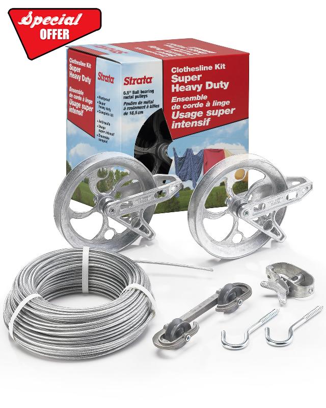 Strata Clothesline Outdoor Super Heavy Duty Kit - 150ft Galvanized Wire Silver PVC Coating