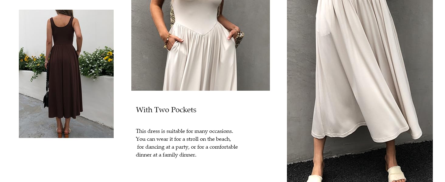 Women's Summer Maxi Dress 2025 - Sleeveless Square Neck Casual Beach Sundress with Pockets