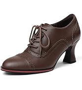 Yremael Women's Black Oxfords Dress Wingtip Vintage Comfortable Chunky High Heel Lace Up Brogues ...