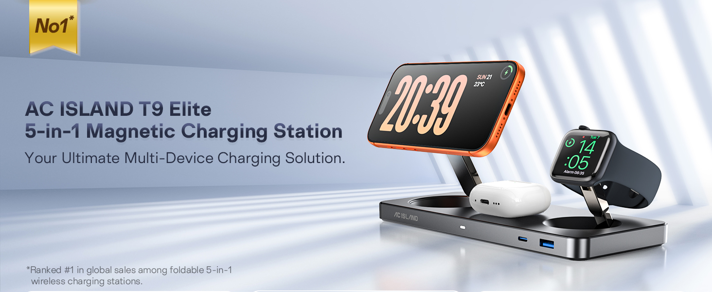 AC ISLAND 5-in-1 Qi2.2 Wireless Charger for MagSafe, 25W Foldable Magnetic Stand Charging Station