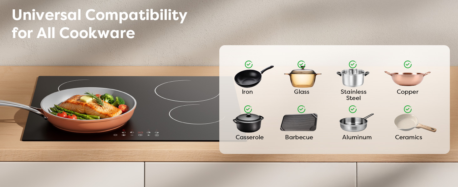 Text reads 'High Power Heating' with technical diagrams showing heating elements with measurements '165mm 1200W' and '200mm 1800W' on a cooktop surface.