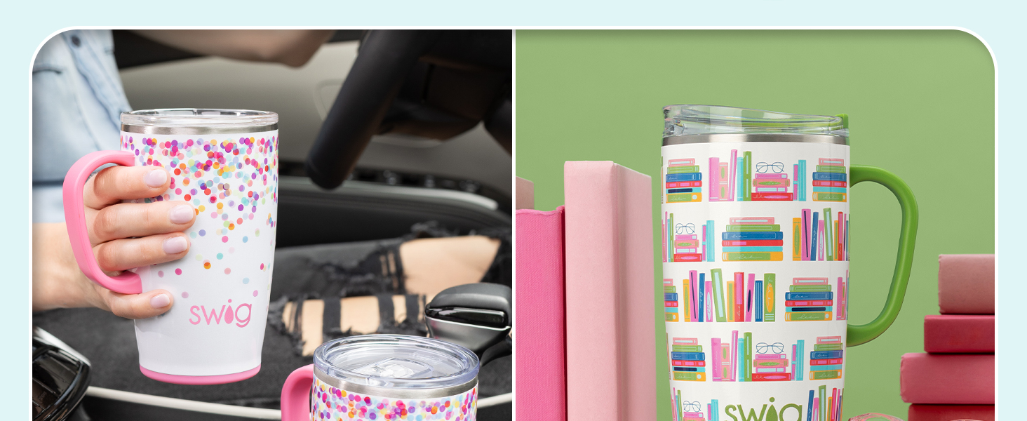 Hand holding travel mug with customer quote