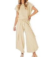 HangNiFang Womens Summer Striped 2 Piece Outfits Cap Sleeve Open Leg Pant Set Vacation Outfits Ma...