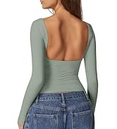 QINSEN Women's Sexy Square Neck Shirt Long Sleeve Double Lined Tees Fitted Going Out Tops