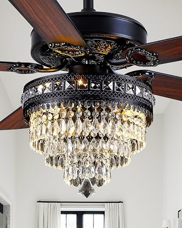 19 Inch Caged Ceiling Fan with Light, Low Profile Fandelier – Farmhouse Wood-Finish, Silent DC Mo...