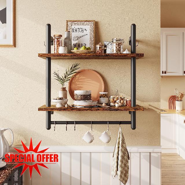 Bestier 24" Floating Kitchen Shelves Wall Mounted 2 Tier Coffee bar Shelves with 8 Hooks
