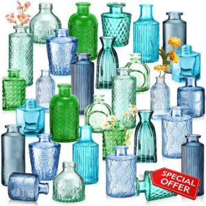 Yaomiao 30 Pcs Vases Bulk Colored Flower Glass Vases Bud Vintage Colored Glass Bottles Colorful Rustic Embossed for Home Wedding Table Decorations Gifts(Blue Green Series)