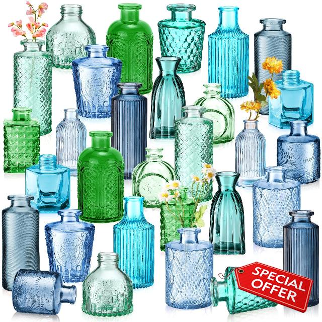 Yaomiao 30 Pcs Vases Bulk Colored Flower Glass Vases Bud Vintage Colored Glass Bottles Colorful Rustic Embossed for Home Wedding Table Decorations Gifts(Blue Green Series)