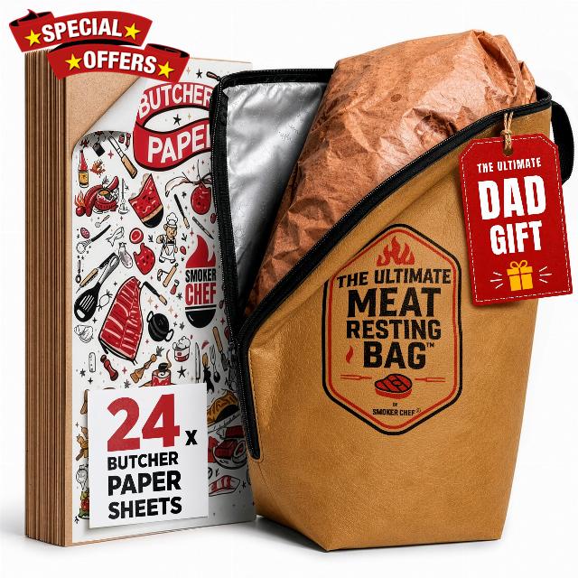 The Ultimate Meat Resting Bag™ - 21" Brown Heavy-Duty Insulated BBQ Blanket for Resting Meat - BBQ Blanket for Brisket - 24 x Butcher Paper Sheets - Leakproof - Father’s Day Gift for Dad