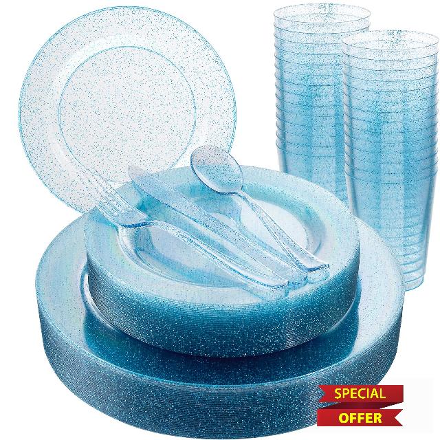 Rubtlamp 180Pcs Blue Glitter Dinnerware Set(30 Guests)