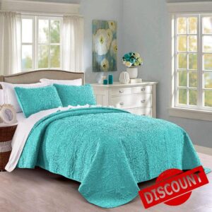 Pure Bedding Quilt Set King/Cal King/California King Size Aqua - Oversized Bedspread - Soft Microfiber Lightweight Coverlet for All Season - 3 Piece Includes 1 Quilt and 2 Shams