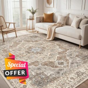 5x7 Washable Area Rug: Vintage Neutral Soft Non Slip Thin Large Floor Carpet for Living Room Bedroom Kitchen Dining Room Home Office Farmhouse Indoor - Beige Brow