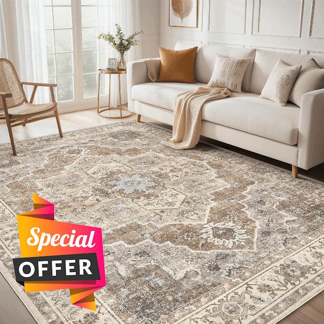 5x7 Washable Area Rug: Vintage Neutral Soft Non Slip Thin Large Floor Carpet for Living Room Bedroom Kitchen Dining Room Home Office Farmhouse Indoor - Beige Brow