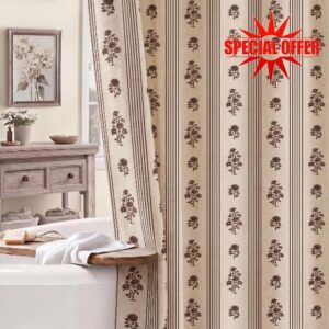 Cottagecore Floral Linen Shower Curtain Brown Block Print Cottage Core Neutral Striped Farmhouse Decorative Curtain Set for Rustic Farmhouse Frenchy Bathroom Decor