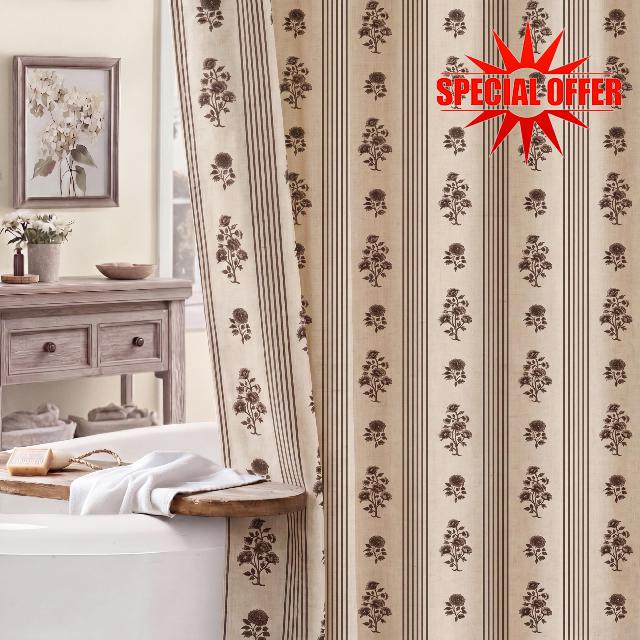 Cottagecore Floral Linen Shower Curtain Brown Block Print Cottage Core Neutral Striped Farmhouse Decorative Curtain Set for Rustic Farmhouse Frenchy Bathroom Decor