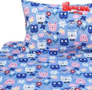 J-pinno Kids Painting Cat Kitty Flower Birds Blue Adorable 100% Cotton Twin 3 Pieces Sheet Set Bedroom Decoration Gift Flat Sheet + Fitted Sheet + Pillowcase Bedding Set for Unisex Boys Girls