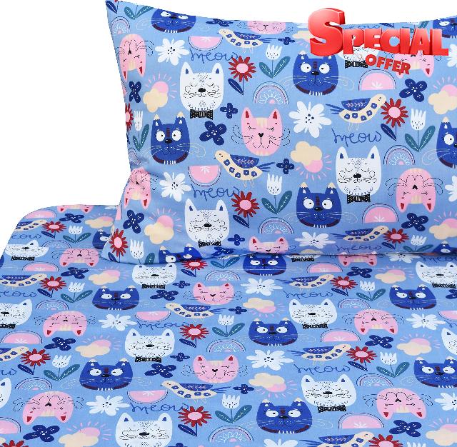 J-pinno Kids Painting Cat Kitty Flower Birds Blue Adorable 100% Cotton Twin 3 Pieces Sheet Set Bedroom Decoration Gift Flat Sheet + Fitted Sheet + Pillowcase Bedding Set for Unisex Boys Girls