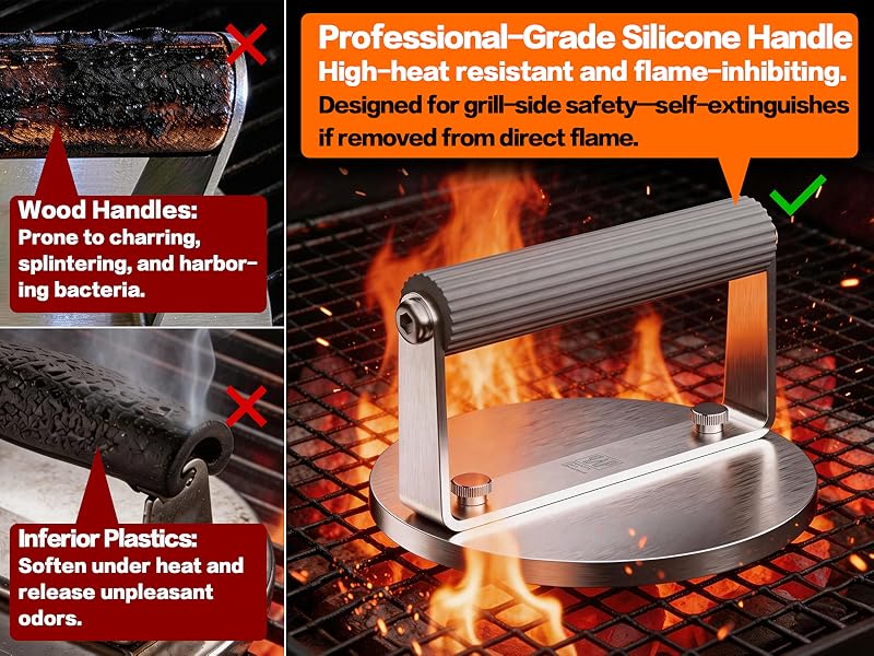 Heavy-duty 1.95kg stainless steel burger press for perfect steak and bacon searing.