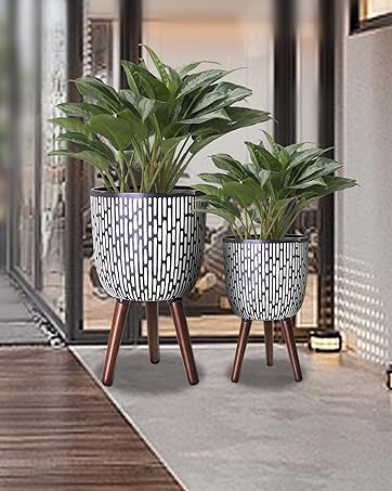 Planter with Stand Set of 2, Mid Century Plant Pots with Metal Legs Indoor, Modern Flower Pots wi...