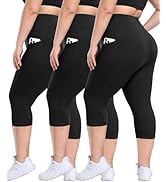 3 Pack Plus Size Leggings with Pockets for Women - High Waisted Tummy Control Spandex Soft Black ...