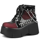 Yremael Women's Black Platform Boots Wedge Combat Gothic Chunky Heel Lace Up Mid Calf Punk Motorc...