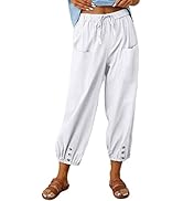 HangNiFang Cotton Linen Capri Pants for Women High Elastic Waisted Drawstring Cropped Pants with ...