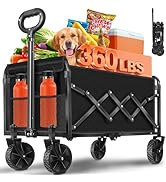 600LBS Beach Wagons Carts Foldable for Sand, Heavy Duty Collapsible Wagon with Brakes & All-Terra...