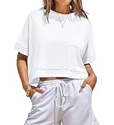 Fisoew Womens Oversized Tees Loose T Shirts Half Sleeve Crew Neck Color Block Cotton Tunic Tops