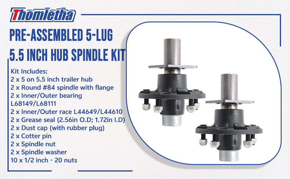Trailer Hub Spindle Kit 5-Lug 5.5