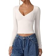 QINSEN Womens Crewneck Long Sleeve Shirt Double Lined Basic Tees Side Ruched Going Out Crop Tops