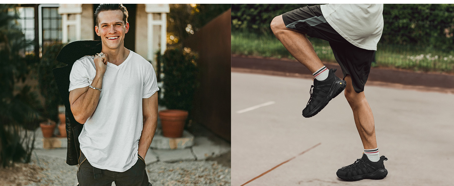 No tongue, cord lacing is for secure fit