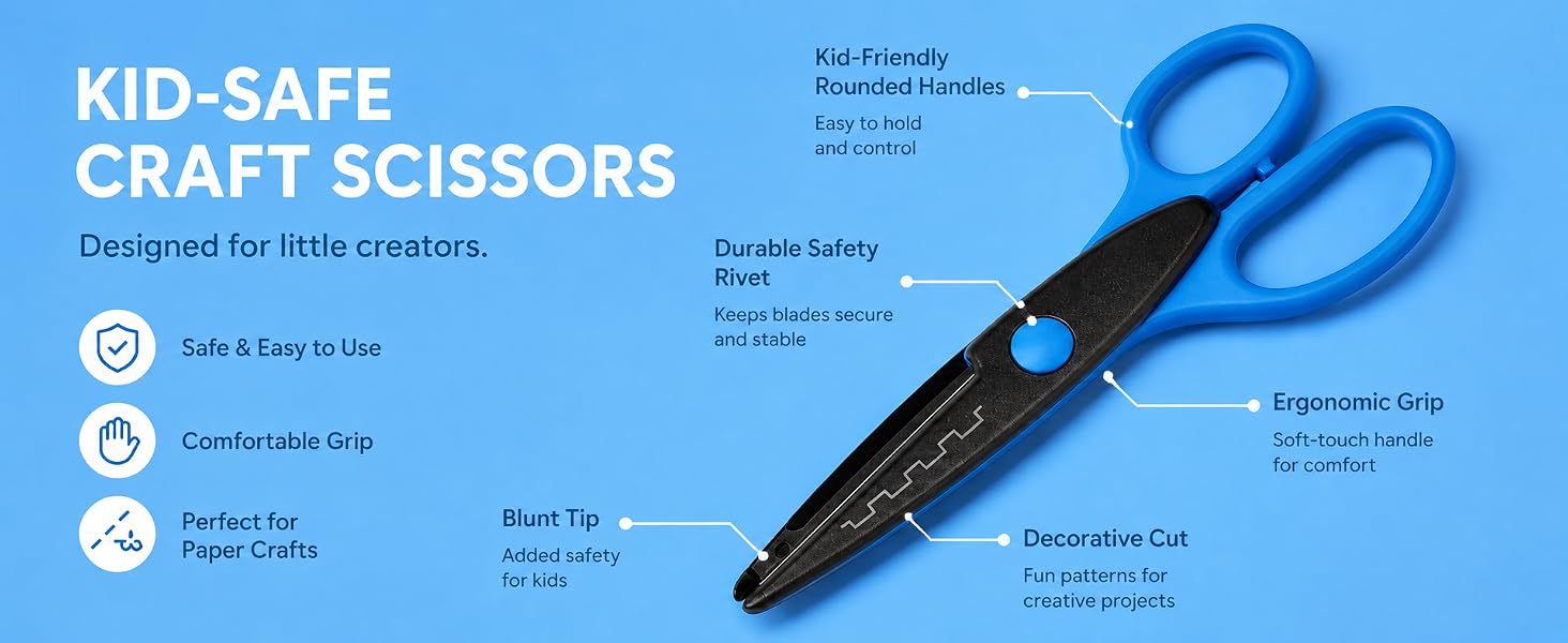 12Pack Decorative Edge Craft Scissors for Kids, 6.5 Inch Colorful Pattern Scissors with Comfort Grip