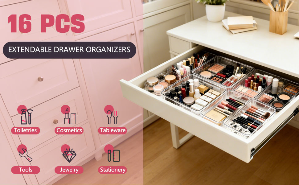 16 PCS EXTENDABLE DRAWER ORGANIZERS