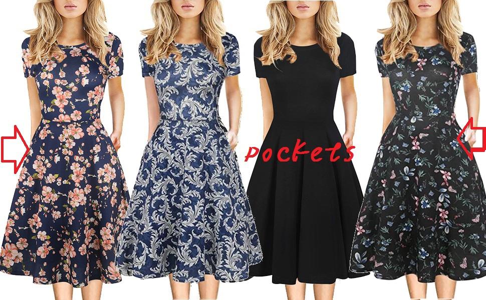 Women's Elegant Vintage Cotton Casual Floral Print Work Party A-Line Swing Dress with Pockets