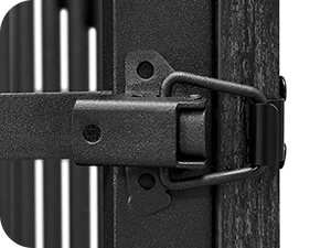 a picture of a black gate with a metal hinge.