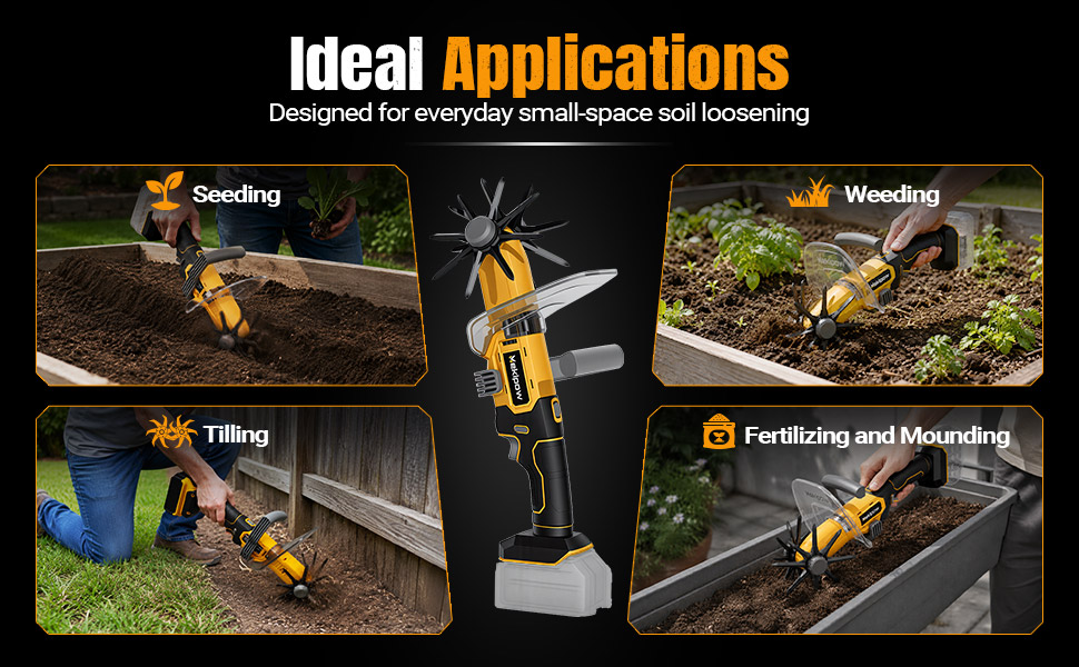 Mini Handheld Tiller Cultivator for Gardening Compatible for Dewalt 20V Battery