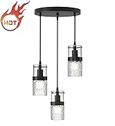 LMS 2-Pack Modern Matte Black Pendant Light, Adjustable Hanging Pendant Lighting with Hammered Gl...