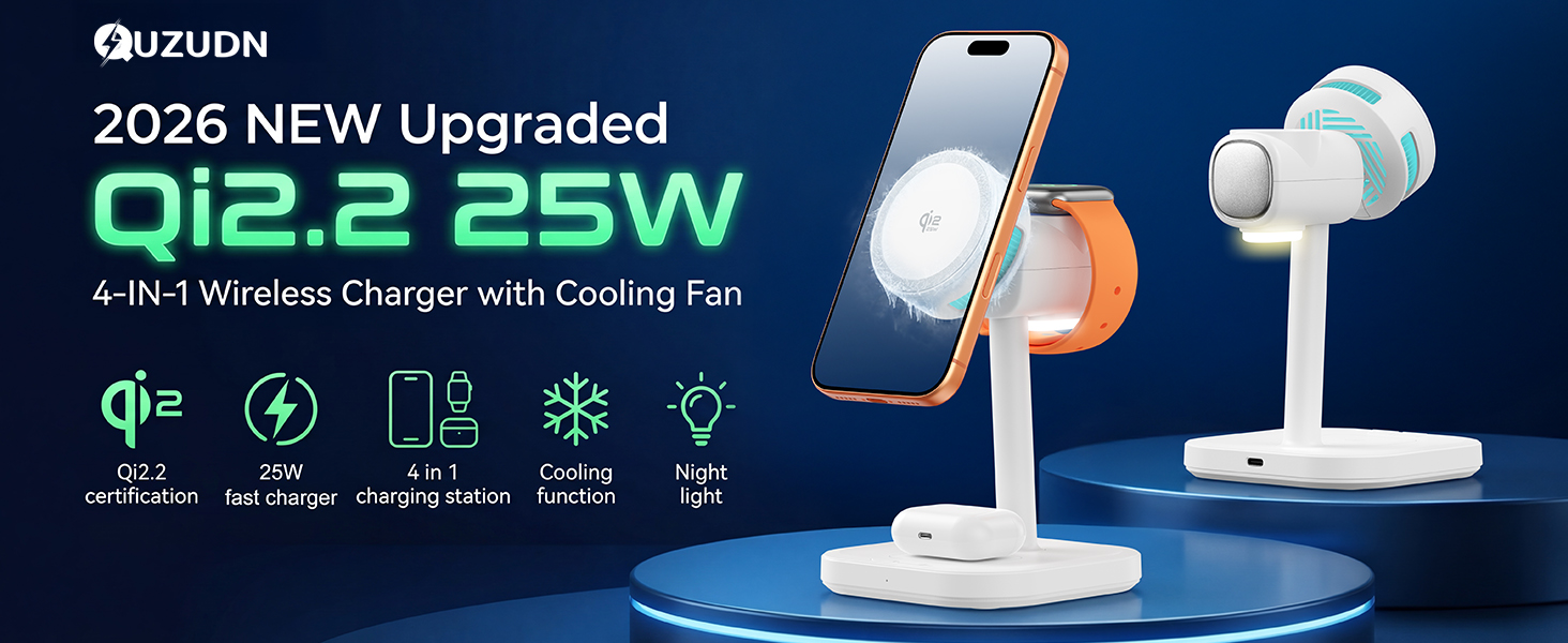 2026 NEW Upgraded Qi2.2 25W 4-IN-1 Wireless Charger with Cooling Fan