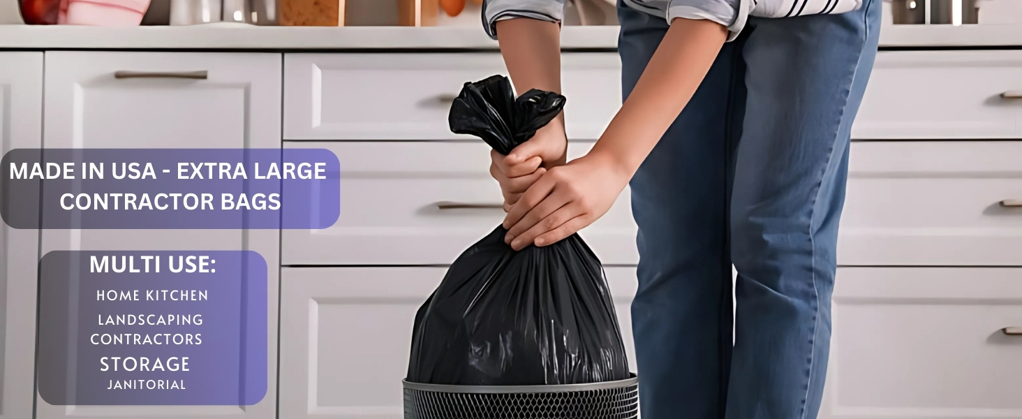 Unscented trash bags and tall kitchen garbage bags shown with kitchen cleaning essentials