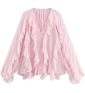 HangNiFang Ruffled Multi-Layered Summer Blouse for Women Trendy Semi See Through V-Neck Long Slee...