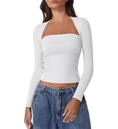 QINSEN Women Long Sleeve Off Shoulder Tops Trendy Double Lined Going Out Shirt for Fall