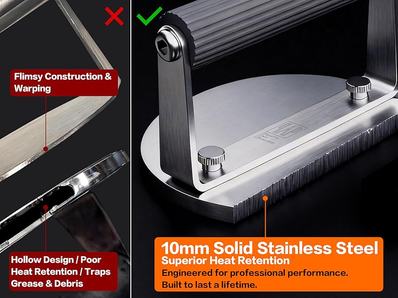 Heavy-duty 10mm stainless steel burger smasher, steak and bacon press vs hollow tools.