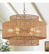 Widluth17.7" Rattan Pendant Light, Hand-Woven Boho Farmhouse Hanging Light Fixture, Drum Wicker r...