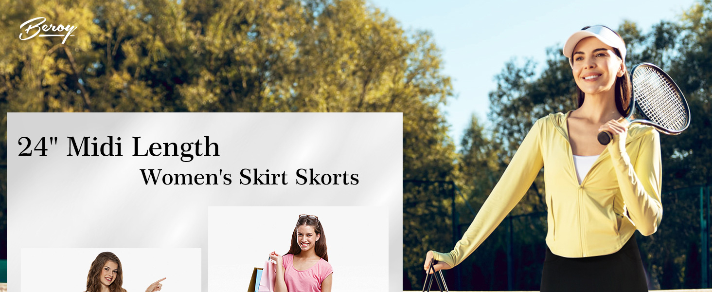 Midi Length Skorts Skirts for Women Modest Athletic 26" Long Skirts with Zipper Pockets