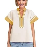 HangNiFang Womens Summer Color Block Shirt Blouse V Neck Short Sleeve Cotton Boho Tunic Tops