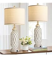 SRJJRS Farmhouse Lamp for Bedroom Set of 2, Table Lamp for Nightstand with Dual USB Charging Port...