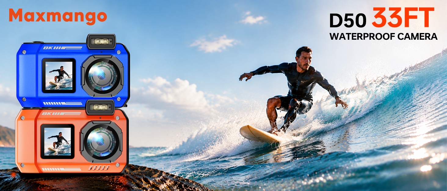 Text reads 'Maxmango', 'D50 33FT', 'WATERPROOF CAMERA'. Blue and orange ruggedized digital cameras with waterproof housings, action-mounted on surfer demonstrating underwater/water sport usage capability.